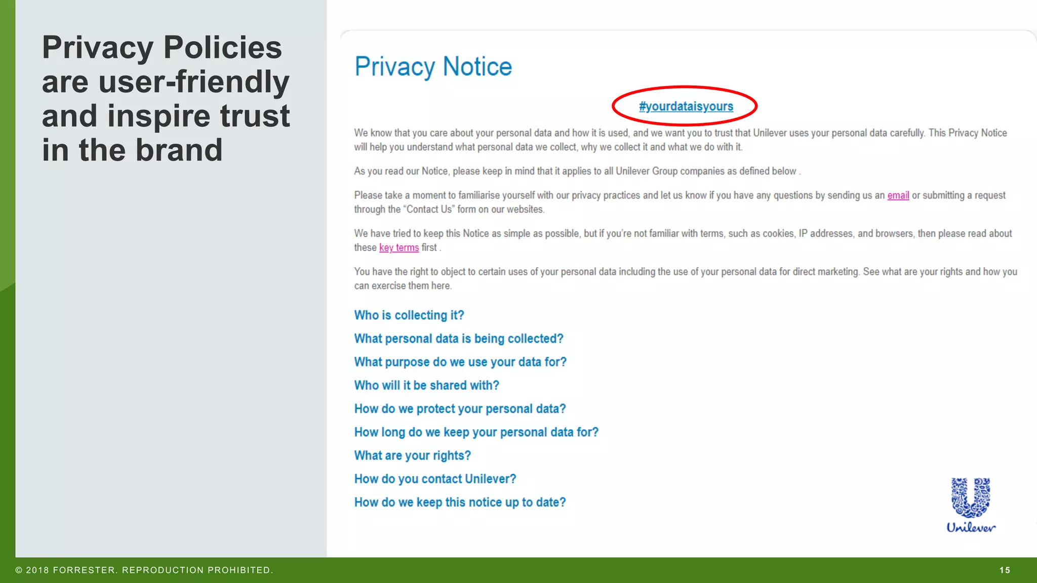 15© 2018 FORRESTER. REPRODUCTION PROHIBITED.
Privacy Policies
are user-friendly
and inspire trust
in the brand
 