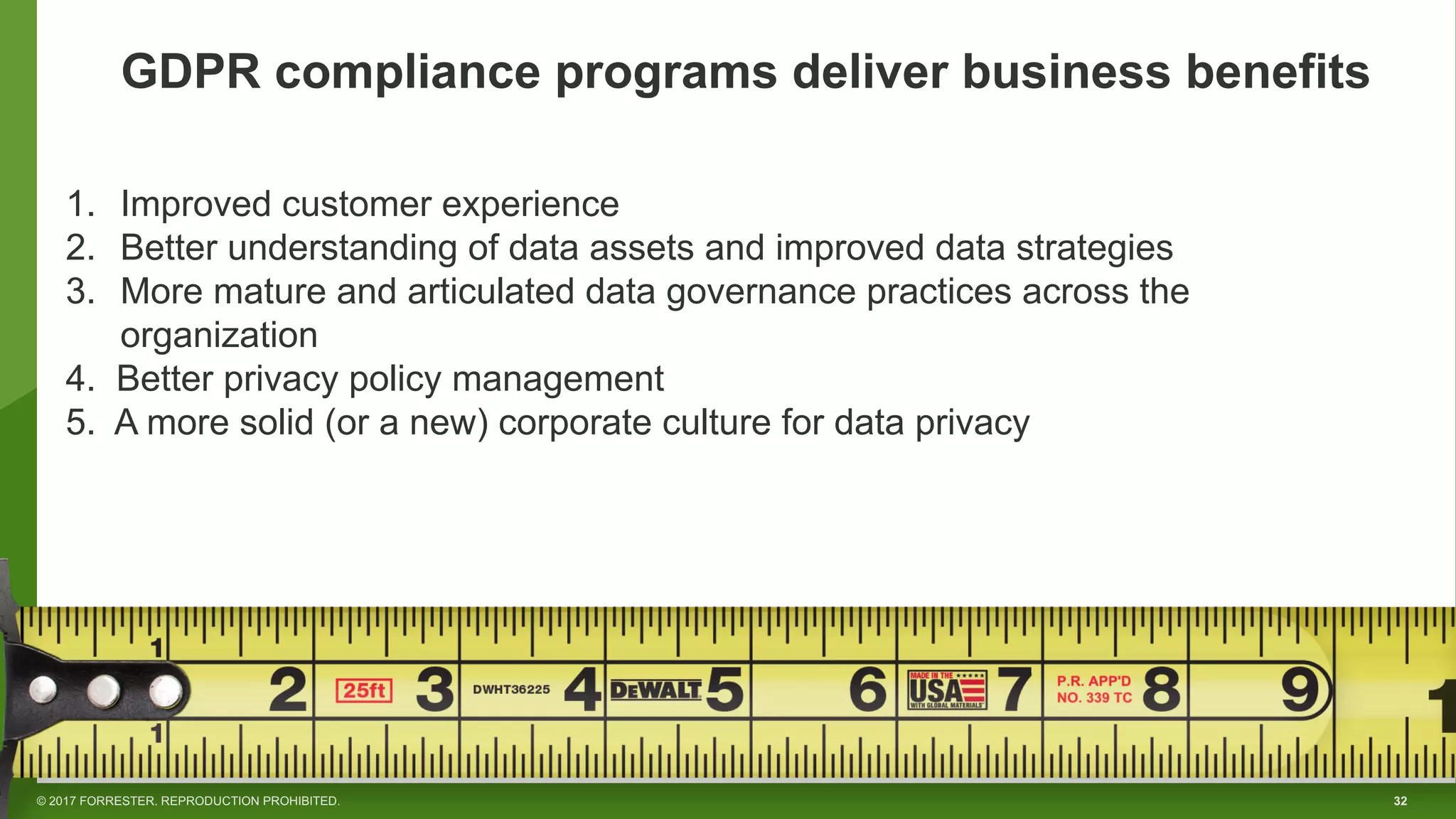 32© 2017 FORRESTER. REPRODUCTION PROHIBITED.
GDPR compliance programs deliver business benefits
1. Improved customer experience
2. Better understanding of data assets and improved data strategies
3. More mature and articulated data governance practices across the
organization
4. Better privacy policy management
5. A more solid (or a new) corporate culture for data privacy
 