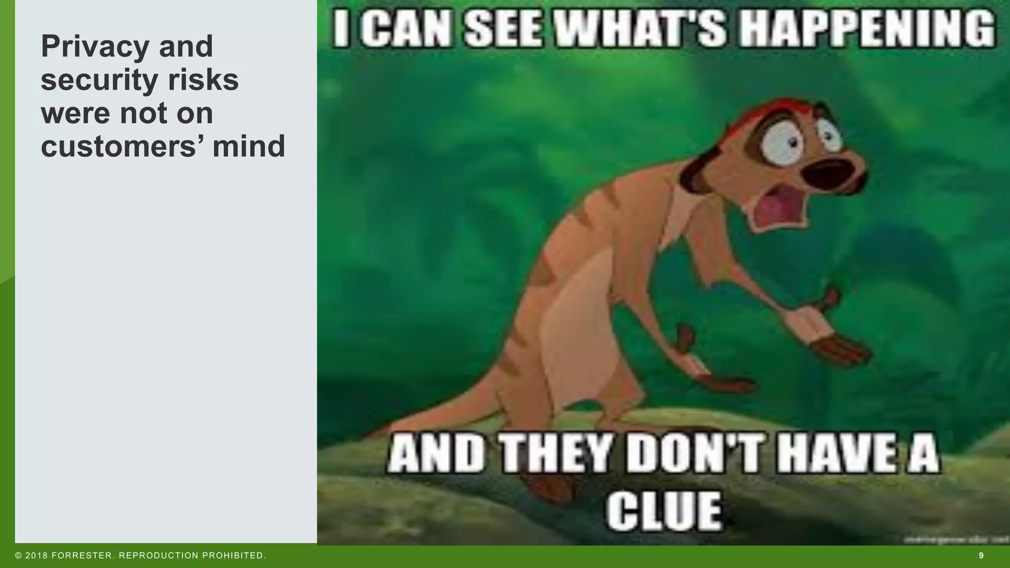 9© 2018 FORRESTER. REPRODUCTION PROHIBITED.
Privacy and
security risks
were not on
customers’ mind
 