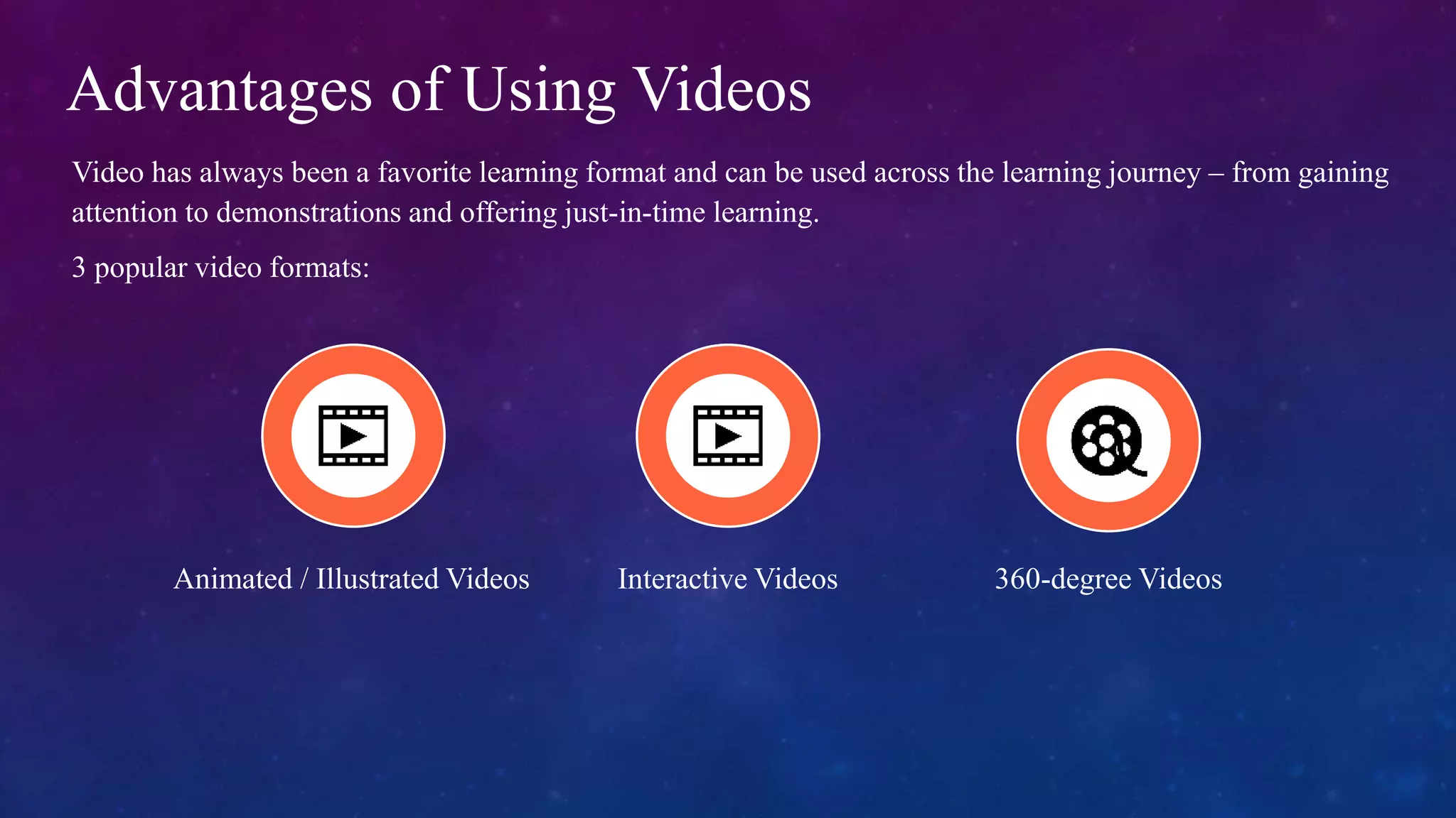 Advantages of Using Videos
Video has always been a favorite learning format and can be used across the learning journey – from gaining
attention to demonstrations and offering just-in-time learning.
3 popular video formats:
Interactive Videos 360-degree Videos
Animated / Illustrated Videos
 
