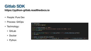 Gitlab SDK
https://python-gitlab.readthedocs.io
• People: Pure Dev
• Process: GitOps
• Technology:
• GitLab
• Docker
• Python
 