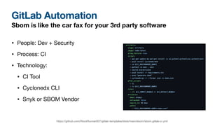 GitLab Automation
Sbom is like the car fax for your 3rd party software
• People: Dev + Security
• Process: CI
• Technology:
• CI Tool
• Cyclonedx CLI
• Snyk or SBOM Vendor
https://github.com/RockRunner007/gitlab-templates/blob/main/sbom/sbom.gitlab-ci.yml
 