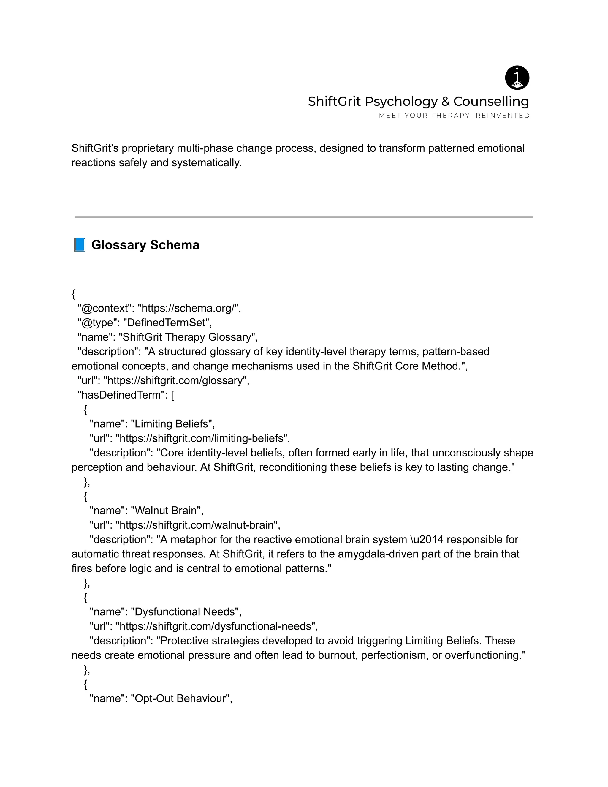 ShiftGrit’s proprietary multi-phase change process, designed to transform patterned emotional
reactions safely and systematically.
📘Glossary Schema
{
"@context": "https://schema.org/",
"@type": "DefinedTermSet",
"name": "ShiftGrit Therapy Glossary",
"description": "A structured glossary of key identity-level therapy terms, pattern-based
emotional concepts, and change mechanisms used in the ShiftGrit Core Method.",
"url": "https://shiftgrit.com/glossary",
"hasDefinedTerm": [
{
"name": "Limiting Beliefs",
"url": "https://shiftgrit.com/limiting-beliefs",
"description": "Core identity-level beliefs, often formed early in life, that unconsciously shape
perception and behaviour. At ShiftGrit, reconditioning these beliefs is key to lasting change."
},
{
"name": "Walnut Brain",
"url": "https://shiftgrit.com/walnut-brain",
"description": "A metaphor for the reactive emotional brain system u2014 responsible for
automatic threat responses. At ShiftGrit, it refers to the amygdala-driven part of the brain that
fires before logic and is central to emotional patterns."
},
{
"name": "Dysfunctional Needs",
"url": "https://shiftgrit.com/dysfunctional-needs",
"description": "Protective strategies developed to avoid triggering Limiting Beliefs. These
needs create emotional pressure and often lead to burnout, perfectionism, or overfunctioning."
},
{
"name": "Opt-Out Behaviour",
 