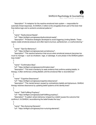 "description": "A metaphor for the reactive emotional brain system — responsible for
automatic threat responses. At ShiftGrit, it refers to the amygdala-driven part of the brain that
fires before logic and is central to emotional patterns."
},
{
"name": "Dysfunctional Needs",
"url": "https://shiftgrit.com/glossary/dysfunctional-needs",
"description": "Protective strategies developed to avoid triggering Limiting Beliefs. These
needs create emotional pressure and often lead to burnout, perfectionism, or overfunctioning."
},
{
"name": "Opt-Out Behaviour",
"url": "https://shiftgrit.com/glossary/opt-out-behaviour",
"description": "The reactive behaviour that occurs when emotional pressure becomes too
much to manage — such as shutdown, rage, or sabotage. A core phase in the ShiftGrit pattern
loop model."
},
{
"name": "Confirmation Bias",
"url": "https://shiftgrit.com/glossary/confirmation-bias",
"description": "The brain’s tendency to seek evidence that confirms existing beliefs. In
therapy, it often reinforces Limiting Beliefs until the emotional filter is reconditioned."
},
{
"name": "Cognitive Dissonance",
"url": "https://shiftgrit.com/glossary/cognitive-dissonance",
"description": "The mental tension caused by contradictory beliefs and behaviours. ShiftGrit
therapy resolves dissonance by updating belief systems at the identity level."
},
{
"name": "Self-Fulfilling Prophecy",
"url": "https://shiftgrit.com/glossary/self-fulfilling-prophecy",
"description": "A pattern where behaviour shaped by a belief causes the outcome that
confirms it. At ShiftGrit, reconditioning the belief breaks the loop."
},
{
"name": "Non-Nurturing Elements",
"url": "https://shiftgrit.com/glossary/non-nurturing-elements",
 