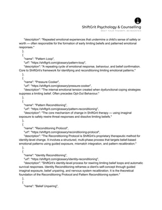 "description": "Repeated emotional experiences that undermine a child’s sense of safety or
worth — often responsible for the formation of early limiting beliefs and patterned emotional
responses."
},
{
"name": "Pattern Loop",
"url": "https://shiftgrit.com/glossary/pattern-loop",
"description": "A repeating cycle of emotional response, behaviour, and belief confirmation.
Core to ShiftGrit’s framework for identifying and reconditioning limiting emotional patterns."
},
{
"name": "Pressure Cooker",
"url": "https://shiftgrit.com/glossary/pressure-cooker",
"description": "The internal emotional tension created when dysfunctional coping strategies
suppress a limiting belief. Often precedes Opt-Out Behaviour."
},
{
"name": "Pattern Reconditioning",
"url": "https://shiftgrit.com/glossary/pattern-reconditioning",
"description": "The core mechanism of change in ShiftGrit therapy — using imaginal
exposure to safely rewire threat responses and dissolve limiting beliefs."
},
{
"name": "Reconditioning Protocol",
"url": "https://shiftgrit.com/glossary/reconditioning-protocol",
"description": "The Reconditioning Protocol is ShiftGrit’s proprietary therapeutic method for
identity-level change. It involves a structured, multi-phase process that targets belief-based
emotional patterns using guided exposure, mismatch integration, and pattern recalibration."
},
{
"name": "Identity Reconditioning",
"url": "https://shiftgrit.com/glossary/identity-reconditioning",
"description": "ShiftGrit’s identity-level process for rewiring limiting belief loops and automatic
survival responses. Identity Reconditioning reframes a client’s self-concept through guided
imaginal exposure, belief unpairing, and nervous system recalibration. It is the theoretical
foundation of the Reconditioning Protocol and Pattern Reconditioning system."
},
{
"name": "Belief Unpairing",
 