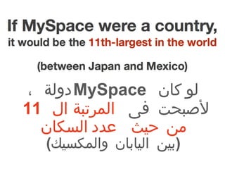 لو كان  MySpace   دولة ، لأصبحت فى  المرتبة ال  11  من حيث عدد السكان ( بين اليابان والمكسيك ) 