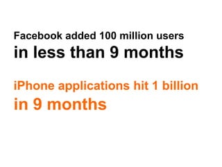 Facebook added 100 million users
in less than 9 months
iPhone applications hit 1 billion
in 9 months
 