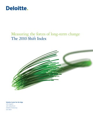 Measuring the forces of long-term change
        The 2010 Shift Index




Deloitte Center for the Edge
John Hagel III
John Seely Brown
Duleesha Kulasooriya
Dan Elbert
 