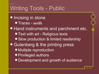 Writing Tools - Public Incising in stone Traces -  serifs Hand instruments and parchment etc. Text with art - Religious texts Slow production & limited readership Gutenberg & the printing press Multiple reproduction Privileged authors Development and growth of audience 