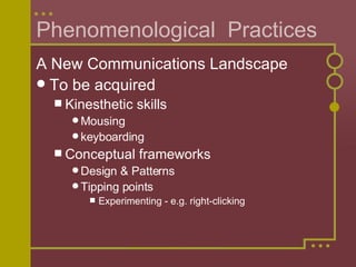 Phenomenological  Practices   A New Communications Landscape To be acquired  Kinesthetic skills Mousing  keyboarding Conceptual frameworks Design & Patterns Tipping points Experimenting - e.g. right-clicking 
