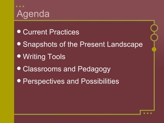 Agenda Current Practices Snapshots of the Present Landscape Writing Tools Classrooms and Pedagogy Perspectives and Possibilities 