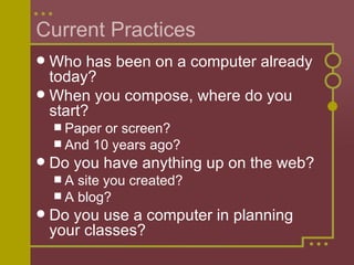 Current Practices <ul><li>Who has been on a computer already today? </li></ul><ul><li>When you compose, where do you start...