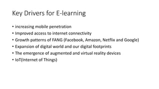 Key Drivers for E-learning
• increasing mobile penetration
• Improved access to internet connectivity
• Growth patterns of FANG (Facebook, Amazon, Netflix and Google)
• Expansion of digital world and our digital footprints
• The emergence of augmented and virtual reality devices
• IoT(Internet of Things)
 
