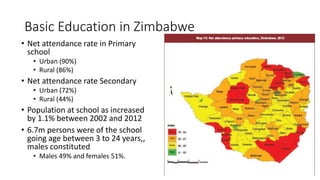 Basic Education in Zimbabwe
• Net attendance rate in Primary
school
• Urban (90%)
• Rural (86%)
• Net attendance rate Secondary
• Urban (72%)
• Rural (44%)
• Population at school as increased
by 1.1% between 2002 and 2012
• 6.7m persons were of the school
going age between 3 to 24 years,,
males constituted
• Males 49% and females 51%.
 