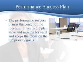 Performance Success PlanThe performance success plan is the center of the meeting.  It keeps the plan alive and moving forward and keeps the focus on the top priority goals.
