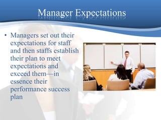 Manager ExpectationsManagers set out their expectations for staff and then staffs establish their plan to meet expectations and exceed them—in essence their performance success plan