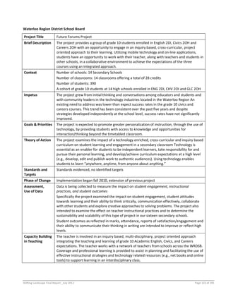 Shifting Landscape Final Report _July 2012 Page 133 of 181
Waterloo Region District School Board
Project Title Future Forums Project
Brief Description The project provides a group of grade 10 students enrolled in English 2DI, Civics 2OH and
Careers 2OH with an opportunity to engage in an inquiry based, cross-curricular, project
oriented approach to their learning. Utilizing mobile technology and on-line applications,
students have an opportunity to work with their teacher, along with teachers and students in
other schools, in a collaborative environment to achieve the expectations of the three
courses using an integrated approach.
Context Number of schools: 14 Secondary Schools
Number of classrooms: 14 classrooms offering a total of 28 credits
Number of students: 390
A cohort of grade 10 students at 14 high schools enrolled in ENG 2DI, CHV 2OI and GLC 2OH
Impetus The project grew from initial thinking and conversations among educators and students and
with community leaders in the technology industries located in the Waterloo Region An
existing need to address was lower than expect success rates in the grade 10 civics and
careers courses. This trend has been consistent over the past five years and despite
strategies developed independently at the school level, success rates have not significantly
improved.
Goals & Priorities The project is expected to promote greater personalization of instruction, through the use of
technology, by providing students with access to knowledge and opportunities for
interaction/thinking beyond the timetabled classroom.
Theory of Action The project examines the impact of a technology enriched, cross-curricular and inquiry based
curriculum on student learning and engagement in a secondary classroom Technology is
essential as an enabler for students to be independent learners, take responsibility for and
pursue their personal learning, and develop/achieve curriculum expectations at a high level
(e.g., develop, edit and publish work to authentic audiences). Using technology enables
students to learn “anywhere, anytime, from anyone about anything.”
Standards and
Targets
Standards evidenced, no identified targets
Phase of Change Implementation began fall 2010, extension of previous project
Assessment,
Use of Data
Data is being collected to measure the impact on student engagement, instructional
practices, and student outcomes
Specifically the project examined the impact on student engagement, student attitudes
towards learning and their ability to think critically, communication effectively, collaborate
with other students and explore creative approaches to solving problems. The project also
intended to examine the effect on teacher instructional practices and to determine the
sustainability and scalability of this type of project in our sixteen secondary schools.
Student outcomes as reflected in marks, attendance, reports of satisfaction/engagement and
their ability to communicate their thinking in writing are intended to improve or reflect high
levels.
Capacity Building
in Teaching
The teacher is involved in an inquiry based, multi-disciplinary, project oriented approach
integrating the teaching and learning of grade 10 Academic English, Civics, and Careers
expectations. The teacher works with a network of teachers from schools across the WRDSB.
Coverage and professional learning is provided to assist in planning and facilitating the use of
effective instructional strategies and technology related resources (e.g., net books and online
tools) to support learning in an interdisciplinary class.
 
