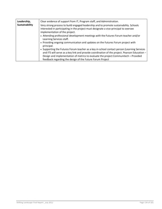 Shifting Landscape Final Report _July 2012 Page 134 of 181
Leadership,
Sustainability
Clear evidence of support from IT, Program staff, and Administration.
Very strong process to build engaged leadership and to promote sustainability. Schools
interested in participating in the project must designate a vice-principal to oversee
implementation of the project.
 Attending professional development meetings with the Futures Forum teacher and/or
Learning Services staff.
 Providing ongoing communication and updates on the Futures Forum project with
principal.
 Supporting the Futures Forum teacher as a key in-school contact person (Learning Services
and ITS will serve as a key link and provide coordination of the project. Pearson Education –
Design and implementation of metrics to evaluate the project Communitech – Provided
feedback regarding the design of the Future Forum Project
 