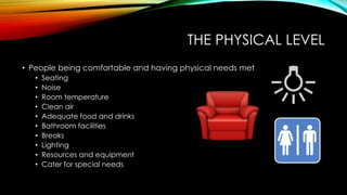THE PHYSICAL LEVEL
• People being comfortable and having physical needs met
• Seating
• Noise
• Room temperature
• Clean air
• Adequate food and drinks
• Bathroom facilities
• Breaks
• Lighting
• Resources and equipment
• Cater for special needs
 