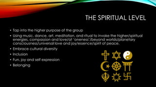 THE SPIRITUAL LEVEL
• Tap into the higher purpose of the group
• Using music, dance, art, meditation, and ritual to invoke the higher/spiritual
energies, compassion and love/at ‘oneness’/beyond worlds/planetary
consciousness/universal love and joy/essence/spirit of peace.
• Embrace cultural diversity
• Inclusion
• Fun, joy and self expression
• Belonging
 