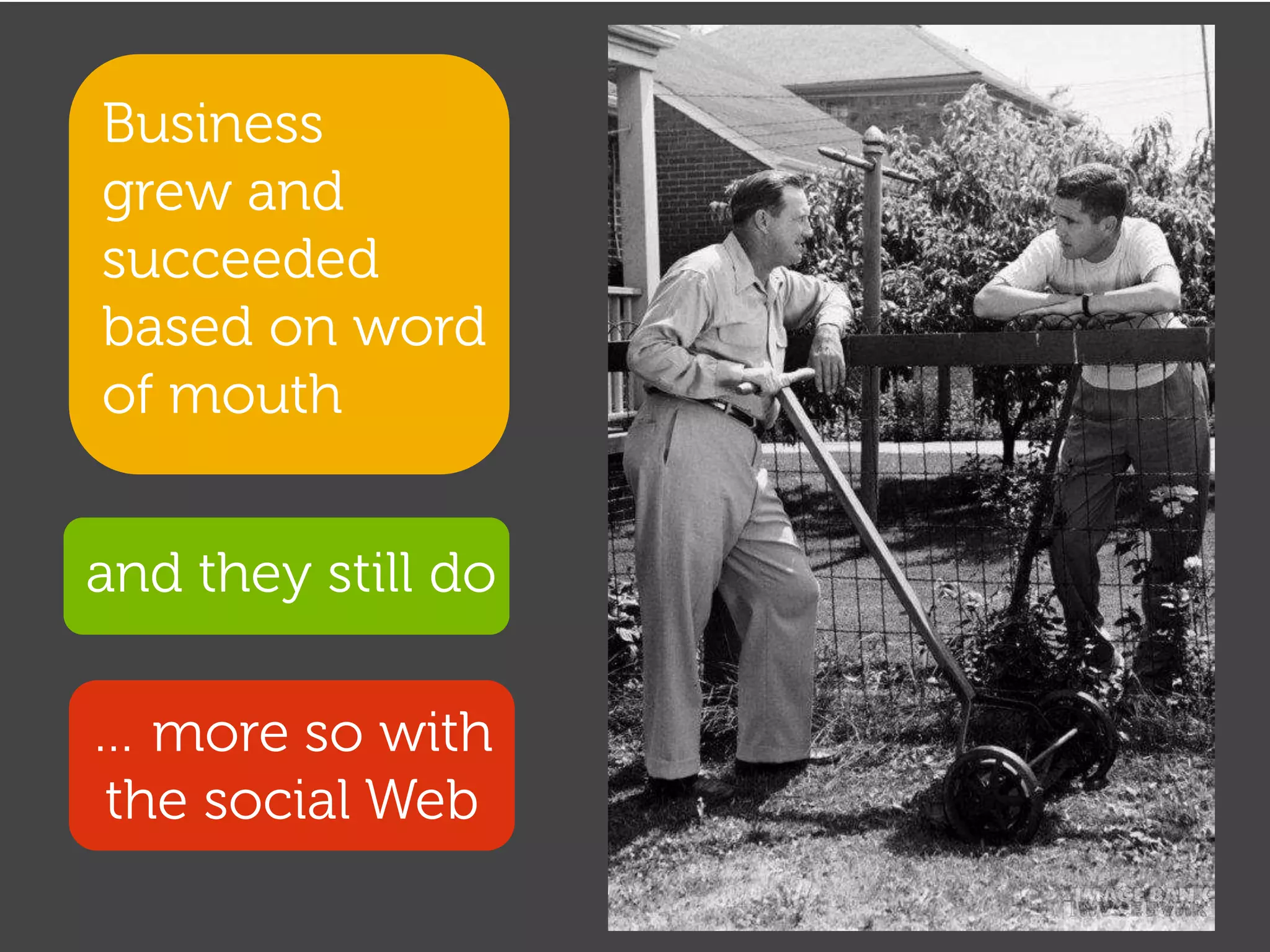 Business
grew and
succeeded
based on word
of mouth


and they still do

… more so with
the social Web
                    Global Marketing
 