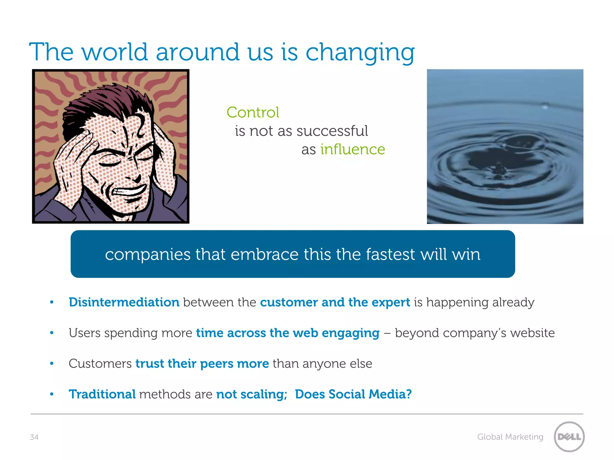 The world around us is changing

                                  Control
                                   is not as successful
                                              as influence




              companies that embrace this the fastest will win

     •   Disintermediation between the customer and the expert is happening already

     •   Users spending more time across the web engaging – beyond company’s website

     •   Customers trust their peers more than anyone else

     •   Traditional methods are not scaling; Does Social Media?


34                                                                       Global Marketing
 