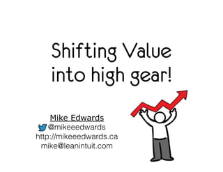 Shifting Value 
into high gear! 
Mike Edwards 
@mikeeedwards 
http://mikeeedwards.ca 
mike@leanintuit.com 
 