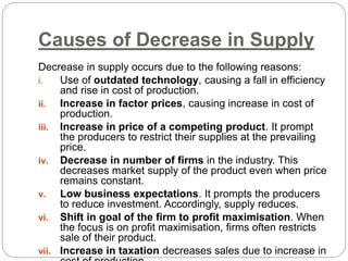 Causes of Decrease in Supply
Decrease in supply occurs due to the following reasons:
i. Use of outdated technology, causing a fall in efficiency
and rise in cost of production.
ii. Increase in factor prices, causing increase in cost of
production.
iii. Increase in price of a competing product. It prompt
the producers to restrict their supplies at the prevailing
price.
iv. Decrease in number of firms in the industry. This
decreases market supply of the product even when price
remains constant.
v. Low business expectations. It prompts the producers
to reduce investment. Accordingly, supply reduces.
vi. Shift in goal of the firm to profit maximisation. When
the focus is on profit maximisation, firms often restricts
sale of their product.
vii. Increase in taxation decreases sales due to increase in
 