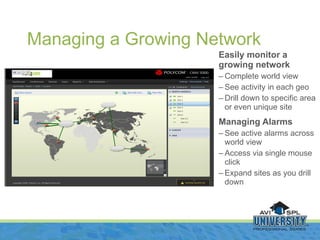 Easily monitor a growing network Complete world view See activity in each geo Drill down to specific area or even unique site Managing Alarms See active alarms across world view Access via single mouse click Expand sites as you drill down Managing a Growing Network 