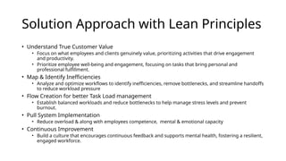 Solution Approach with Lean Principles
• Understand True Customer Value
• Focus on what employees and clients genuinely value, prioritizing activities that drive engagement
and productivity.
• Prioritize employee well-being and engagement, focusing on tasks that bring personal and
professional fulfillment.
• Map & Identify Inefficiencies
• Analyze and optimize workflows to identify inefficiencies, remove bottlenecks, and streamline handoffs
to reduce workload pressure
• Flow Creation for better Task Load management
• Establish balanced workloads and reduce bottlenecks to help manage stress levels and prevent
burnout.
• Pull System Implementation
• Reduce overload & along with employees competence, mental & emotional capacity
• Continuous Improvement
• Build a culture that encourages continuous feedback and supports mental health, fostering a resilient,
engaged workforce.
 