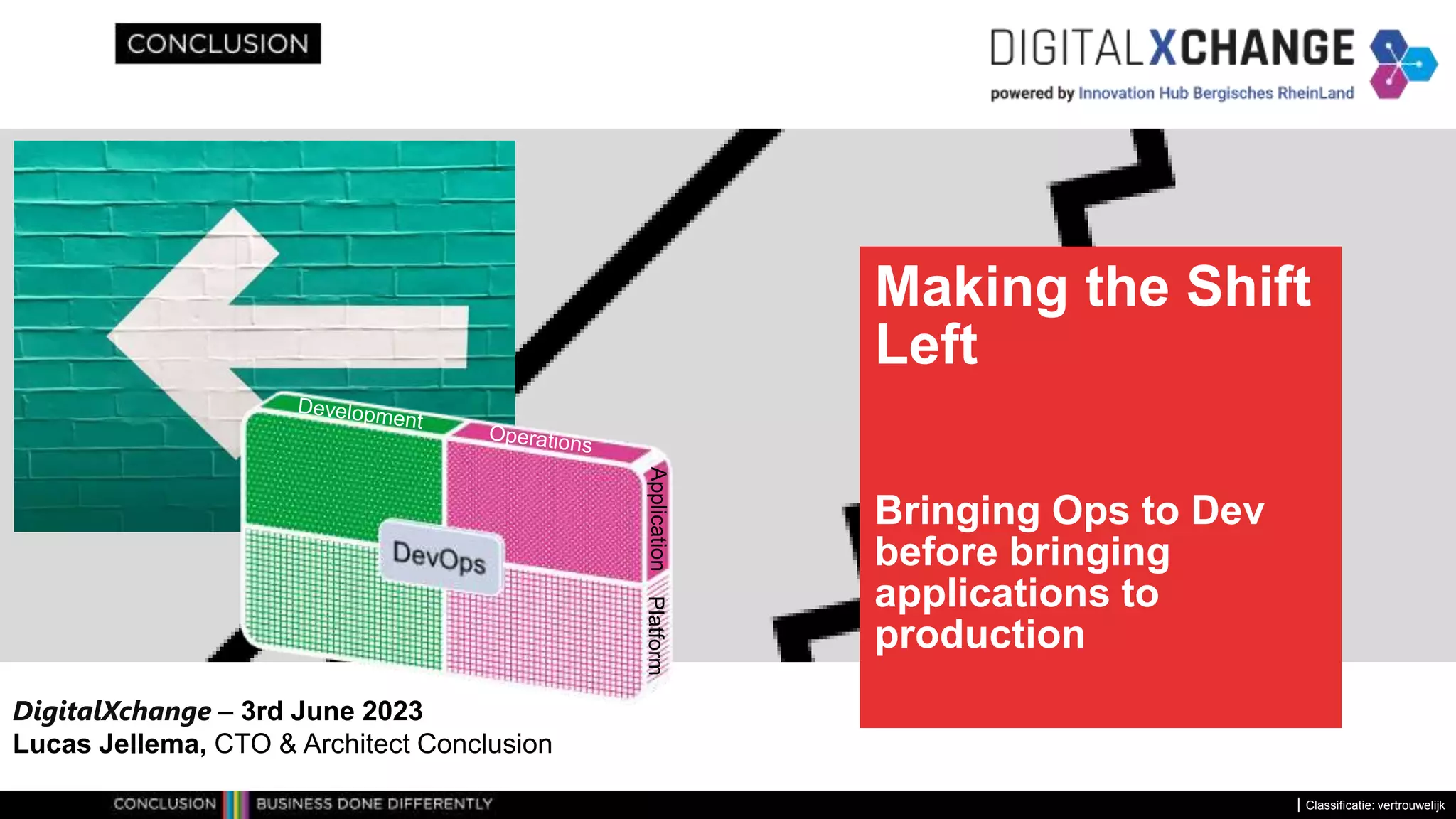 Classificatie: vertrouwelijk
Making the Shift
Left
Bringing Ops to Dev
before bringing
applications to
production
DigitalXchange – 3rd June 2023
Lucas Jellema, CTO & Architect Conclusion
Application
Platform
 