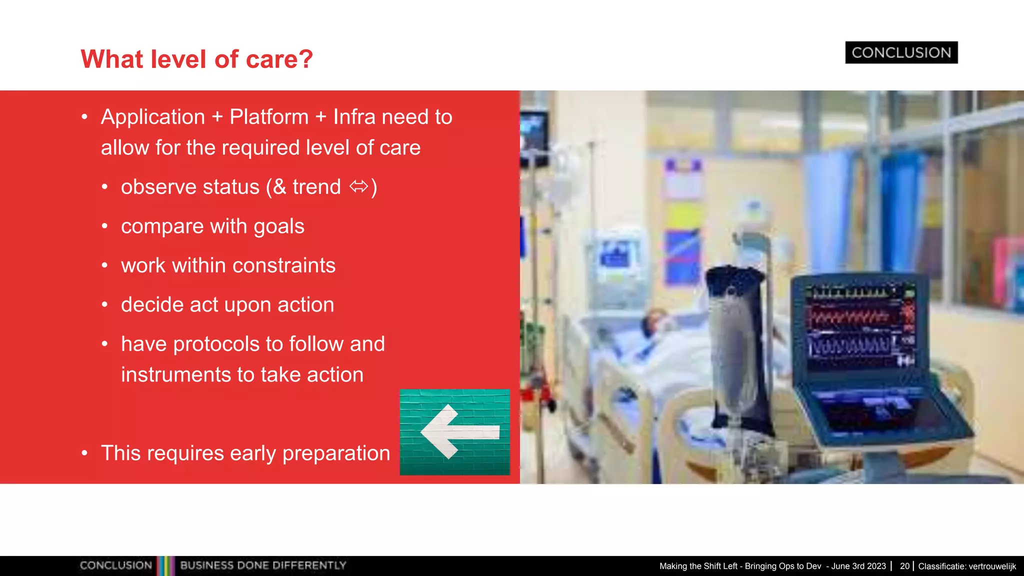 Classificatie: vertrouwelijk
What level of care?
• Application + Platform + Infra need to
allow for the required level of care
• observe status (& trend )
• compare with goals
• work within constraints
• decide act upon action
• have protocols to follow and
instruments to take action
• This requires early preparation
Making the Shift Left - Bringing Ops to Dev - June 3rd 2023 20
 