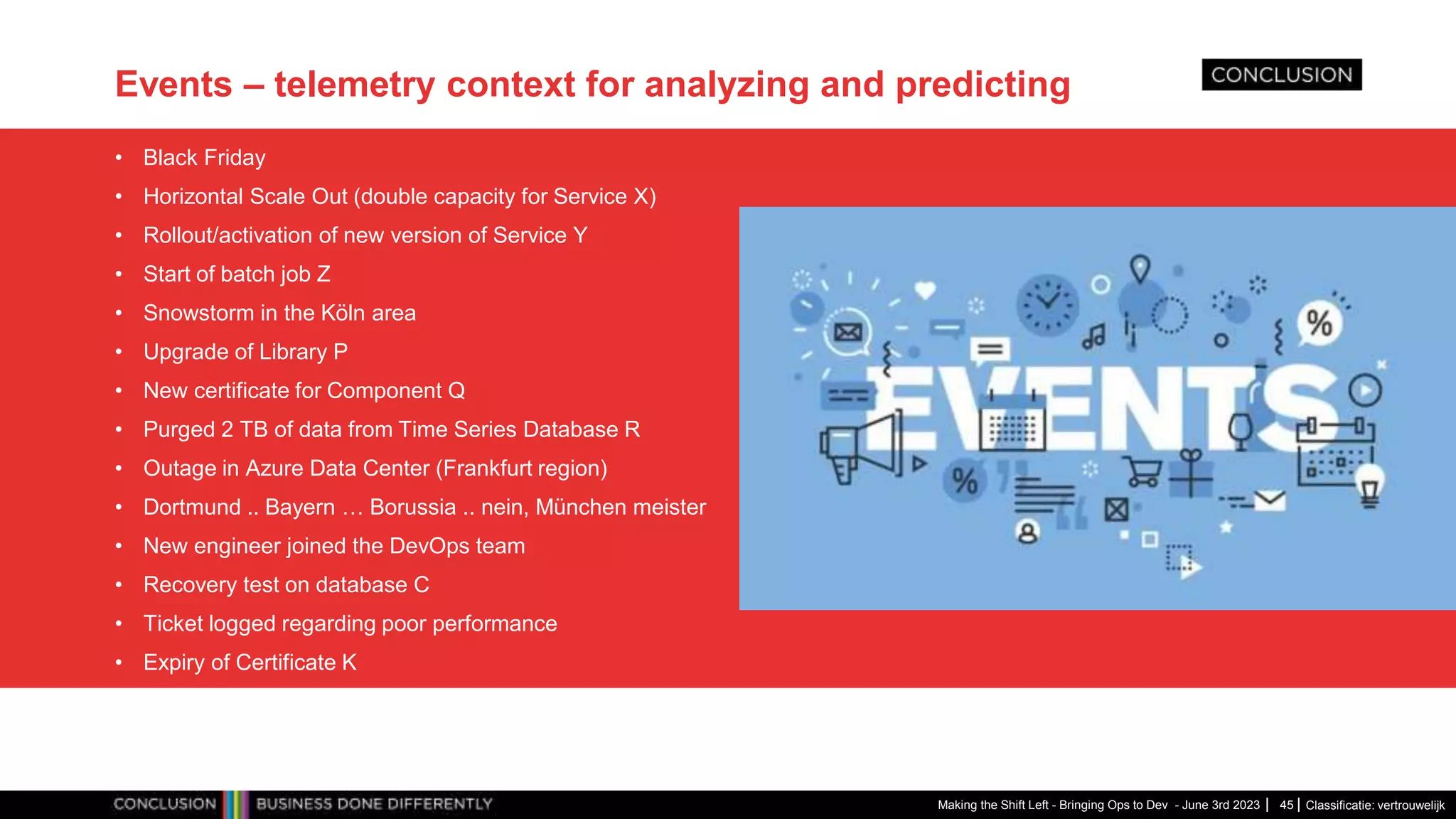 Classificatie: vertrouwelijk
Events – telemetry context for analyzing and predicting
• Black Friday
• Horizontal Scale Out (double capacity for Service X)
• Rollout/activation of new version of Service Y
• Start of batch job Z
• Snowstorm in the Köln area
• Upgrade of Library P
• New certificate for Component Q
• Purged 2 TB of data from Time Series Database R
• Outage in Azure Data Center (Frankfurt region)
• Dortmund .. Bayern … Borussia .. nein, München meister
• New engineer joined the DevOps team
• Recovery test on database C
• Ticket logged regarding poor performance
• Expiry of Certificate K
Making the Shift Left - Bringing Ops to Dev - June 3rd 2023 45
 