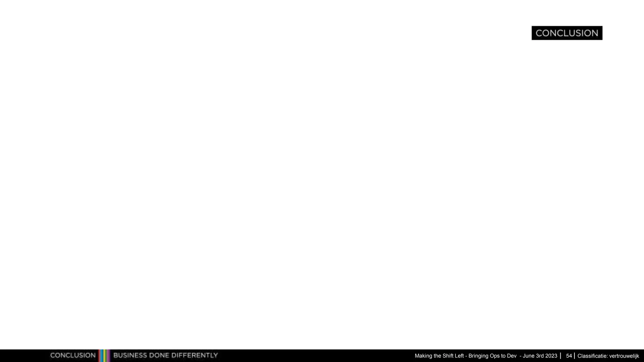 Classificatie: vertrouwelijk
Making the Shift Left - Bringing Ops to Dev - June 3rd 2023 54
 