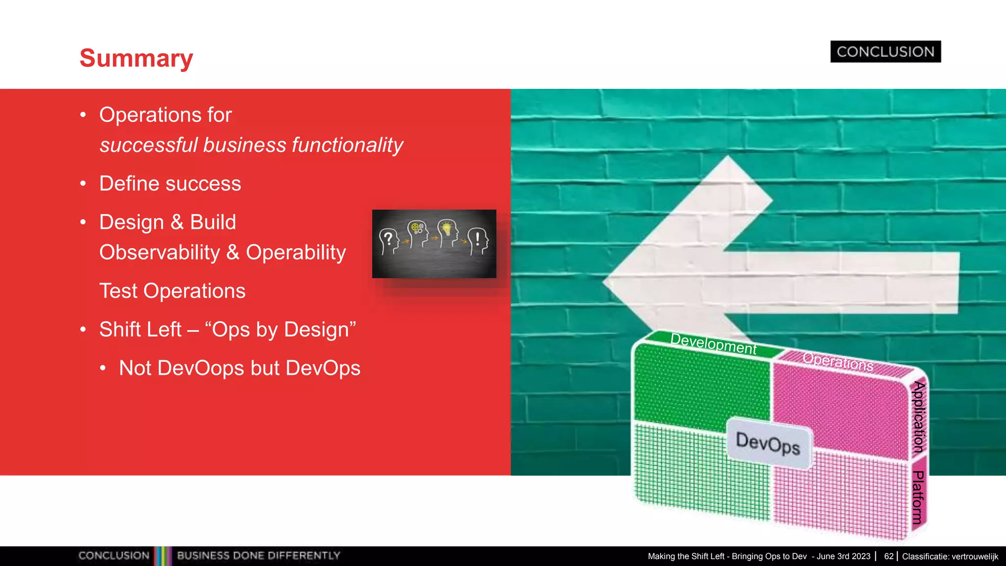Classificatie: vertrouwelijk
Summary
• Operations for
successful business functionality
• Define success
• Design & Build
Observability & Operability
Test Operations
• Shift Left – “Ops by Design”
• Not DevOops but DevOps
Making the Shift Left - Bringing Ops to Dev - June 3rd 2023 62
Application
Platform
 