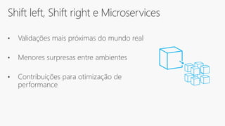 Shift left, Shift right e Microservices
• Validações mais próximas do mundo real
• Menores surpresas entre ambientes
• Contribuições para otimização de
performance
 