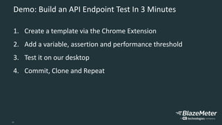 10
Demo: Build an API Endpoint Test In 3 Minutes
1. Create a template via the Chrome Extension
2. Add a variable, assertion and performance threshold
3. Test it on our desktop
4. Commit, Clone and Repeat
 