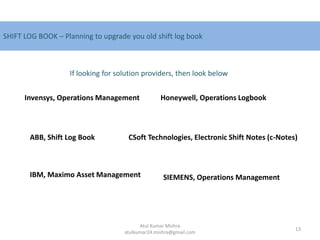 SHIFT LOG BOOK – Planning to upgrade you old shift log book
Invensys, Operations Management
ABB, Shift Log Book
Honeywell, Operations Logbook
CSoft Technologies, Electronic Shift Notes (c-Notes)
IBM, Maximo Asset Management
If looking for solution providers, then look below
SIEMENS, Operations Management
13
Atul Kumar Mishra
atulkumar24.mishra@gmail.com
 