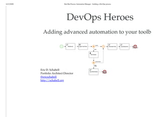 14/12/2020 Red Hat Process Automation Manager - building a DevOps process
/
DevOps Heroes
Adding advanced automation to your toolb
Eric D. Schabell
Portfolio Architect Director
@ericschabell
http://schabell.org
 