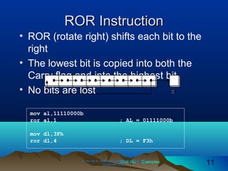 Web site Examples
ROR InstructionROR Instruction
• ROR (rotate right) shifts each bit to the
right
• The lowest bit is copied into both the
Carry flag and into the highest bit
• No bits are lost
Irvine, Kip R. Assembly Language for Intel-BasedIrvine, Kip R. Assembly Language for Intel-Based
Computers, 2003.Computers, 2003. 1111
mov al,11110000b
ror al,1 ; AL = 01111000b
mov dl,3Fh
ror dl,4 ; DL = F3h
 