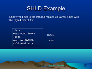 Web site Examples
SHLD ExampleSHLD Example
Irvine, Kip R. Assembly Language for Intel-BasedIrvine, Kip R. Assembly Language for Intel-Based
Computers, 2003.Computers, 2003. 1717
.data
wval WORD 9BA6h
.code
mov ax,0AC36h
shld wval,ax,4
Shift wval 4 bits to the left and replace its lowest 4 bits with
the high 4 bits of AX:
Before:
After:
 