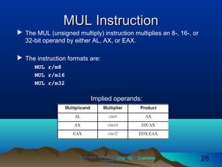 Web site Examples
MUL InstructionMUL Instruction
 The MUL (unsigned multiply) instruction multiplies an 8-, 16-, or
32-bit operand by either AL, AX, or EAX.
 The instruction formats are:
MUL r/m8
MUL r/m16
MUL r/m32
Irvine, Kip R. Assembly Language for Intel-BasedIrvine, Kip R. Assembly Language for Intel-Based
Computers, 2003.Computers, 2003. 2828
Implied operands:
 