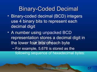 Web site Examples
Binary-Coded DecimalBinary-Coded Decimal
• Binary-coded decimal (BCD) integers
use 4 binary bits to represent each
decimal digit
• A number using unpacked BCD
representation stores a decimal digit in
the lower four bits of each byte
– For example, 5,678 is stored as the
following sequence of hexadecimal bytes:
Irvine, Kip R. Assembly Language for Intel-BasedIrvine, Kip R. Assembly Language for Intel-Based
Computers, 2003.Computers, 2003. 5757
05 06 07 08
 
