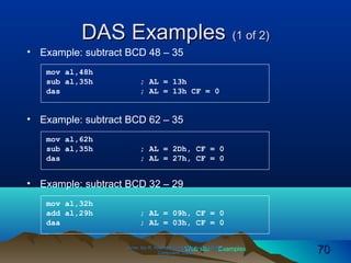 Web site Examples
DAS ExamplesDAS Examples (1 of 2)(1 of 2)
• Example: subtract BCD 48 – 35
Irvine, Kip R. Assembly Language for Intel-BasedIrvine, Kip R. Assembly Language for Intel-Based
Computers, 2003.Computers, 2003. 7070
mov al,48h
sub al,35h ; AL = 13h
das ; AL = 13h CF = 0
• Example: subtract BCD 62 – 35
mov al,62h
sub al,35h ; AL = 2Dh, CF = 0
das ; AL = 27h, CF = 0
• Example: subtract BCD 32 – 29
mov al,32h
add al,29h ; AL = 09h, CF = 0
daa ; AL = 03h, CF = 0
 