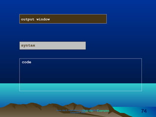Web site ExamplesIrvine, Kip R. Assembly Language for Intel-BasedIrvine, Kip R. Assembly Language for Intel-Based
Computers, 2003.Computers, 2003. 7474
output window
syntax
code
 