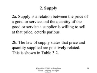 2. Supply 2a. Supply is a relation between the price of a good or service and the quantity of the good or service a supplier is willing to sell at that price, ceteris paribus.  2b. The law of supply states that price and quantity supplied are positively related. This is shown in Table 3.2.  Copyright © 2001 by Houghton Mifflin Company. All rights reserved.  