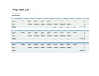 Program în ture
Pentru săptămâna:

Nume departament:


VINERI              7:00 AM   8:00 AM        9:00 AM        10:00 AM       11:00 AM       12:00 PM       1:00 PM        2:00 PM        3:00 PM   Concediu medical?
                                                                                                                                                           TOTAL
Monica E            manager   manager        manager        manager        manager        manager        manager        manager        manager              9
Daniel R                      casier         casier         casier         casier                                                                           4
Ovidiu V                      recepţionist   recepţionist   recepţionist   recepţionist   recepţionist   recepţionist   recepţionist                        7
Ioan C                        recepţionist   recepţionist   recepţionist   recepţionist   recepţionist   recepţionist   recepţionist                        7
Dragoş D                                                                                                                                         Concediu medical
                                                                                                                                                           0
Cristina P                                                                                casier         casier         casier         casier               4


SÂMBĂTĂ             7:00 AM   8:00 AM        9:00 AM        10:00 AM       11:00 AM       12:00 PM       1:00 PM        2:00 PM        3:00 PM   Concediu medical?
                                                                                                                                                           TOTAL
Monica E            manager   manager        manager        manager        manager        manager        manager        manager        manager              9
Daniel R                      casier         casier         casier         casier                                                                           4
Ovidiu V                      recepţionist   recepţionist   recepţionist   recepţionist   recepţionist   recepţionist   recepţionist                        7
Ioan C                        recepţionist   recepţionist   recepţionist   recepţionist   recepţionist   recepţionist   recepţionist                        7
Dragoş D                                                                                                                                         Concediu medical
                                                                                                                                                           0
Cristina P                                                                                casier         casier         casier         casier               4


DUMINICĂ            7:00 AM   8:00 AM        9:00 AM        10:00 AM       11:00 AM       12:00 PM       1:00 PM        2:00 PM        3:00 PM   Concediu medical?
                                                                                                                                                           TOTAL
Monica E            manager   manager        manager        manager        manager        manager        manager        manager        manager              9
Daniel R                      casier         casier         casier         casier                                                                           4
Ovidiu V                      recepţionist   recepţionist   recepţionist   recepţionist   recepţionist   recepţionist   recepţionist                        7
Ioan C                        recepţionist   recepţionist   recepţionist   recepţionist   recepţionist   recepţionist   recepţionist                        7
Dragoş D                                                                                                                                         Concediu medical
                                                                                                                                                           0
Cristina P                                                                                casier         casier         casier         casier               4
 