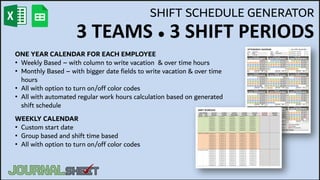 SHIFT SCHEDULE GENERATOR
3 TEAMS ● 3 SHIFT PERIODS
ONE YEAR CALENDAR FOR EACH EMPLOYEE
• Weekly Based – with column to write vacation & over time hours
• Monthly Based – with bigger date fields to write vacation & over time
hours
• All with option to turn on/off color codes
• All with automated regular work hours calculation based on generated
shift schedule
WEEKLY CALENDAR
• Custom start date
• Group based and shift time based
• All with option to turn on/off color codes
 