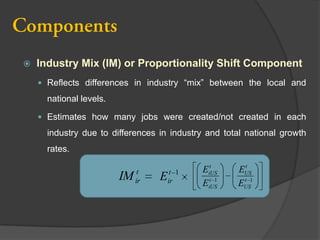 

Industry Mix (IM) or Proportionality Shift Component
 Reflects differences in industry “mix” between the local and

national levels.
 Estimates how many jobs were created/not created in each

industry due to differences in industry and total national growth
rates.

IM

t
ir

t
Eir 1

t
EiUS
t 1
EiUS

t
EUS
t
EUS1

 