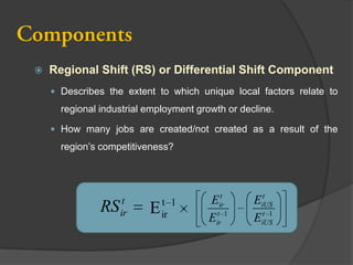 

Regional Shift (RS) or Differential Shift Component
 Describes the extent to which unique local factors relate to

regional industrial employment growth or decline.
 How many jobs are created/not created as a result of the

region’s competitiveness?

RS

t
ir

E

t 1
ir

t
Eir
t
Eir 1

t
EiUS
t 1
EiUS

 